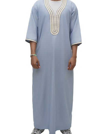 Moroccan Embroidered 3/4 Sleeve Thobe - Desert Sky