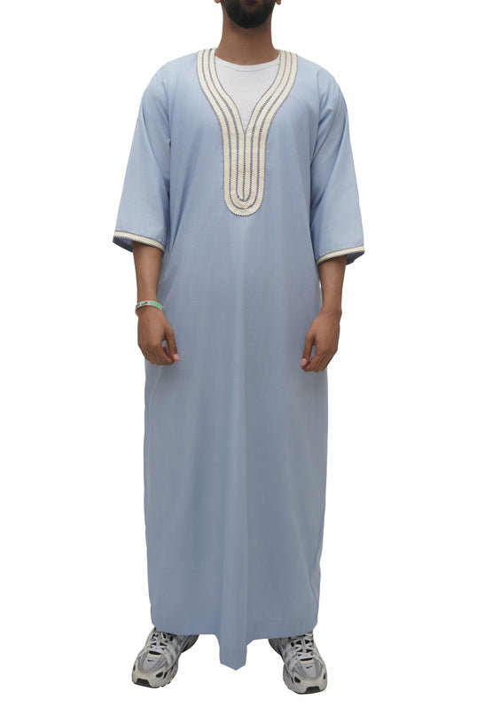 Moroccan Embroidered 3/4 Sleeve Thobe - Desert Sky