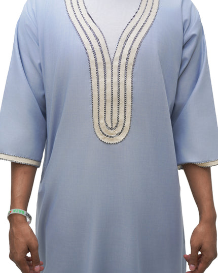 Moroccan Embroidered 3/4 Sleeve Thobe - Desert Sky