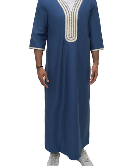 Moroccan Embroidered 3/4 Sleeve Thobe - Moonlit Navy