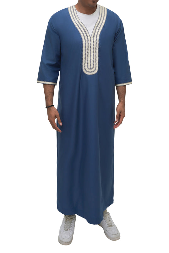 Moroccan Embroidered 3/4 Sleeve Thobe - Moonlit Navy