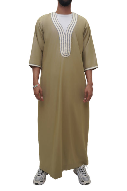 Moroccan Embroidered 3/4 Sleeve Thobe - Zaytoon (Olive)